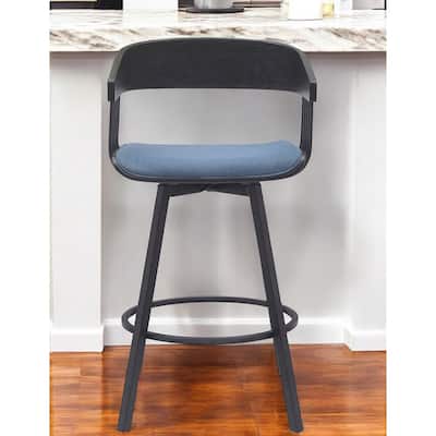 27" Blue and Black Fabric with Metal Swivel Counter Height Bar Chair