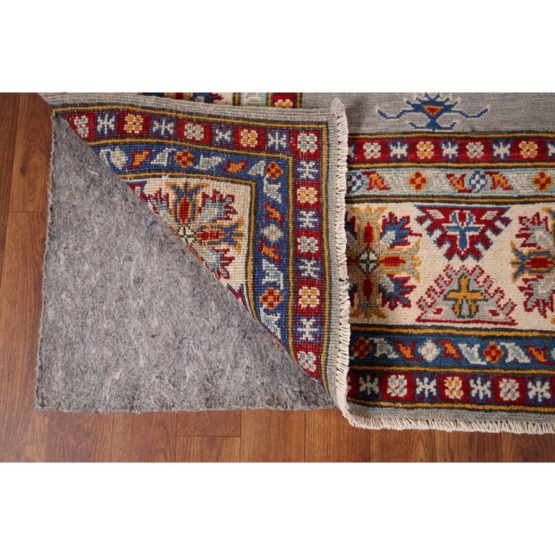Geometric Kazak Rug Hand-Knotted Grey Traditional Wool Carpet - 5'10" x 8'4"