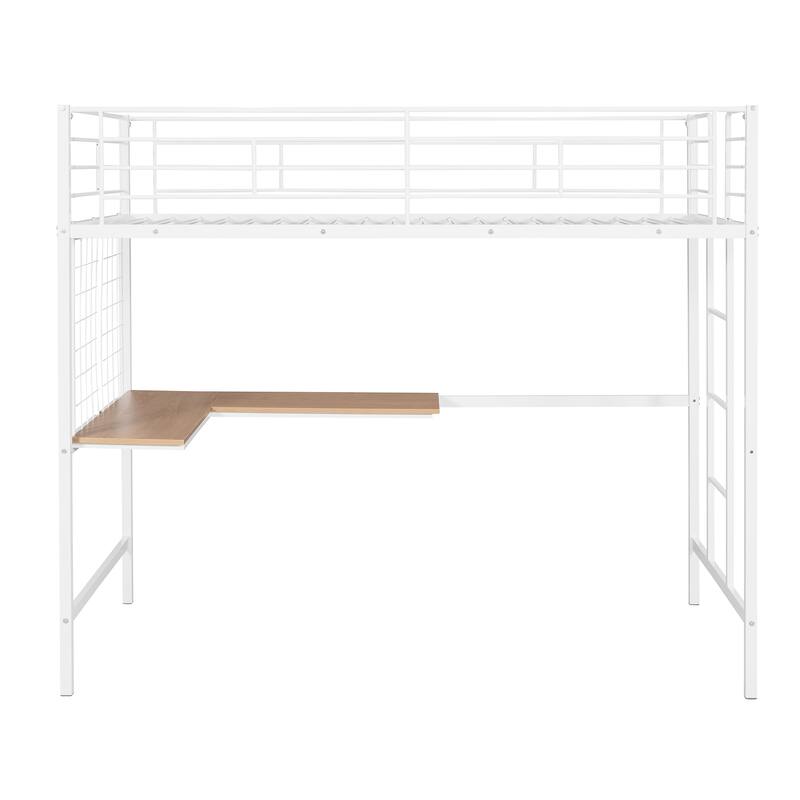White Twin Size Metal Loft Bed with Desk, Ladder and Metal Grid for Kids, Teens, Girls, Boys