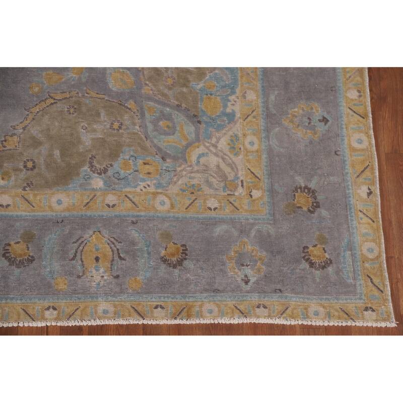 Hand Knotted Oriental 100% Wool Carpet Traditional Floral Greys & Charcoal Tabriz Area Rug - 12' 8'' X 9' 3''