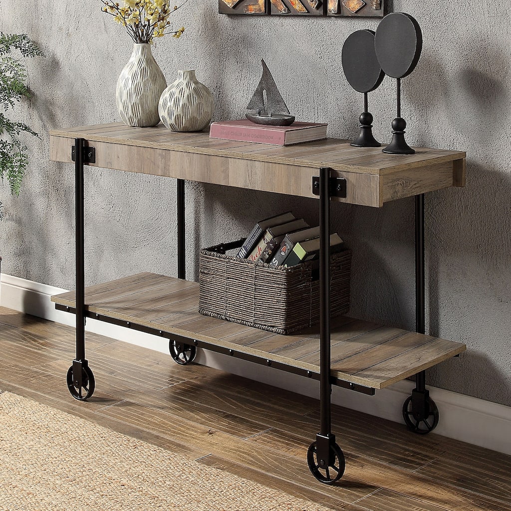Industrial Style 1pc Sofa Table Natural Tone Slat Design Console Table Open Bottom Shelf Living Room Furniture