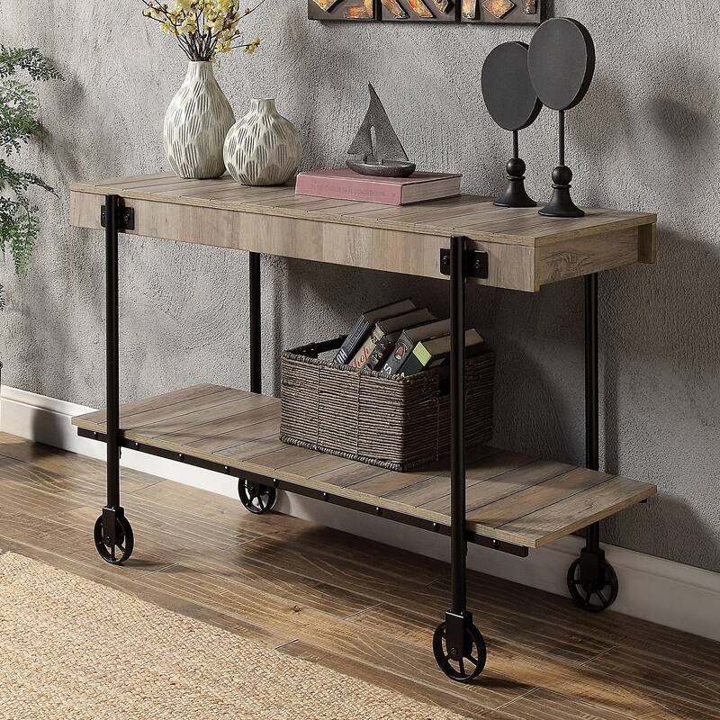 Industrial Style Sofa Table with Open Bottom Shelf and Replicated Wood Finish - Black-1