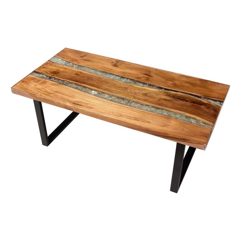 Apio Wood Epoxy Resin Coffee Table with Glass Inlay - Rectangular Live Edge Teak wood Accent Table with Black Metal Base