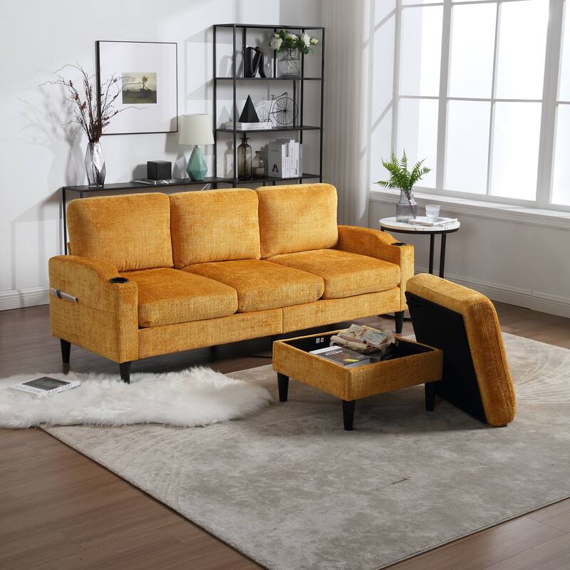 Modular Sectional Sofa with Storage Ottoman, Comfy Chenille Fabric Sofa, 3-Seater Sofa with Side Pockets & 2 Cup Holders