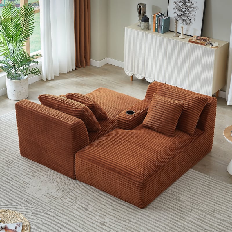 Compressible Double Chaise Lounge With Cupholders - No Assembly Required, Fluffy Modern Sleeper Loveseat