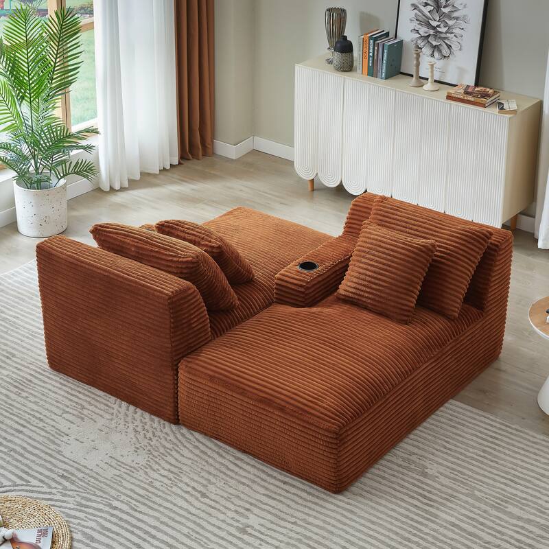Roomfitters Double Chaise Lounge with Cup Holders and Plush Corduroy Upholstery, No Assembly Modern Sleeper Loveseat