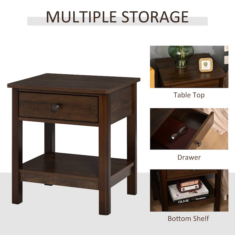 HOMCOM Bedside Night Stand with Drawer, Top and Bottom Shelf for Small Spaces, Dark Brown