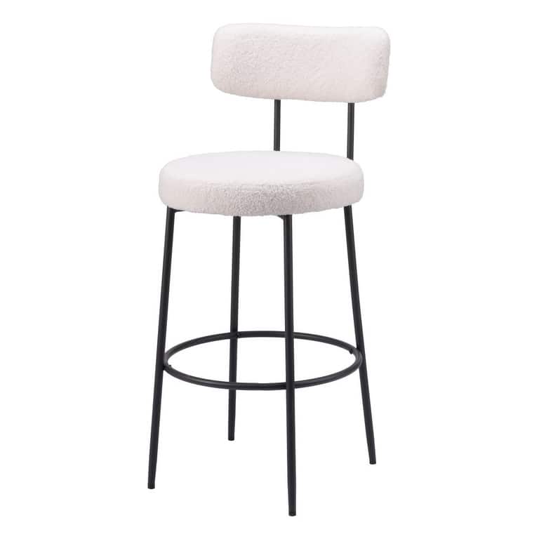Set of Two 29" Ivory And Black Shearling And Steel Low Back Bar Height Bar Chairs
