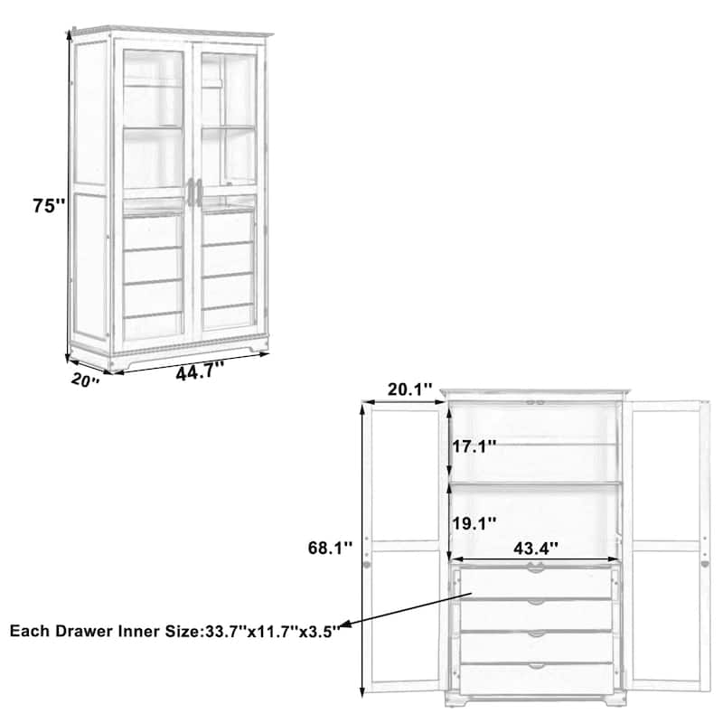75" Solid Pine Wood Kitchen Pantry Cabinet with Glass Doors and 4 Drawers, Freestanding Storage Display Cabinet for Dining Room