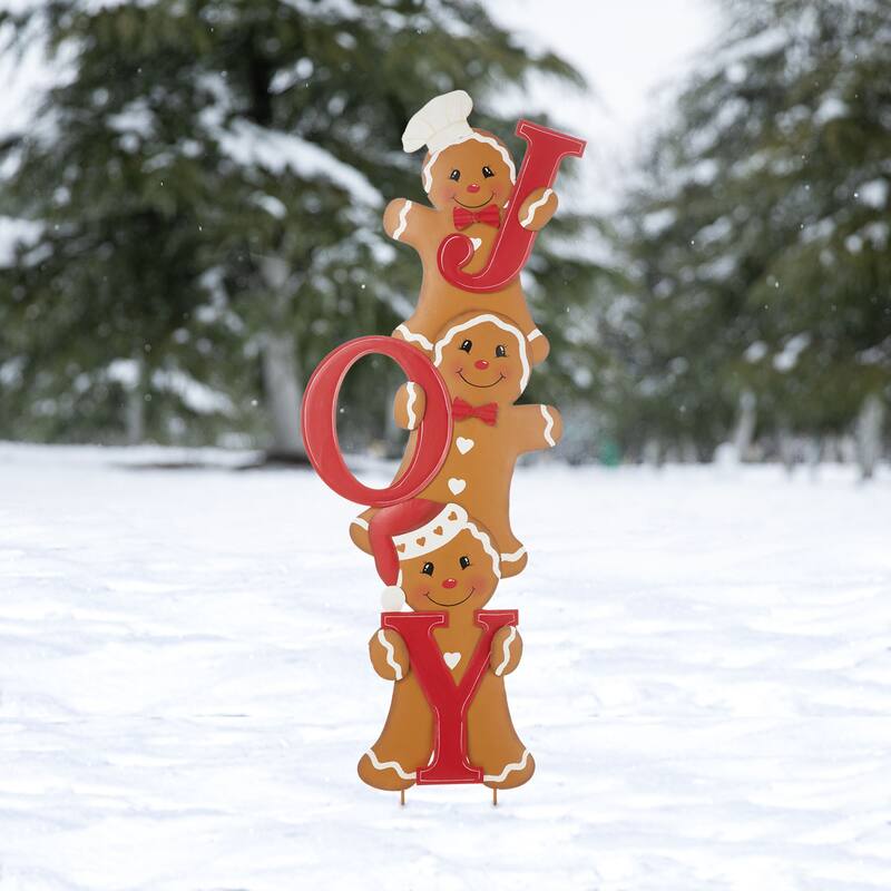 Glitzhome Metal "JOY" Snowman Gingerbread Man Penguin Yard Stake