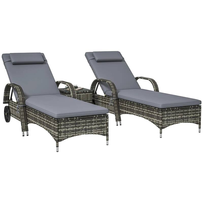 Wicker Chaise Lounge Set,Patio Recliners,Adjustable Back,Table,Cushion