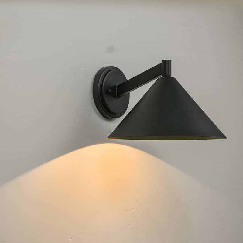 1-Light Modern Industrial Black Outdoor Wall Sconce with Cone Metal Shade - 10.6 in. W x 7.0 in. H x 11.6 in. D