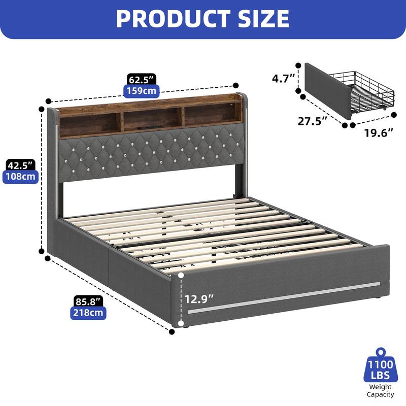 Moasis Queen Bed Frame with Headboard & 4 Storage Drawers, Modern Upholstered Faux Leather Platform Bed