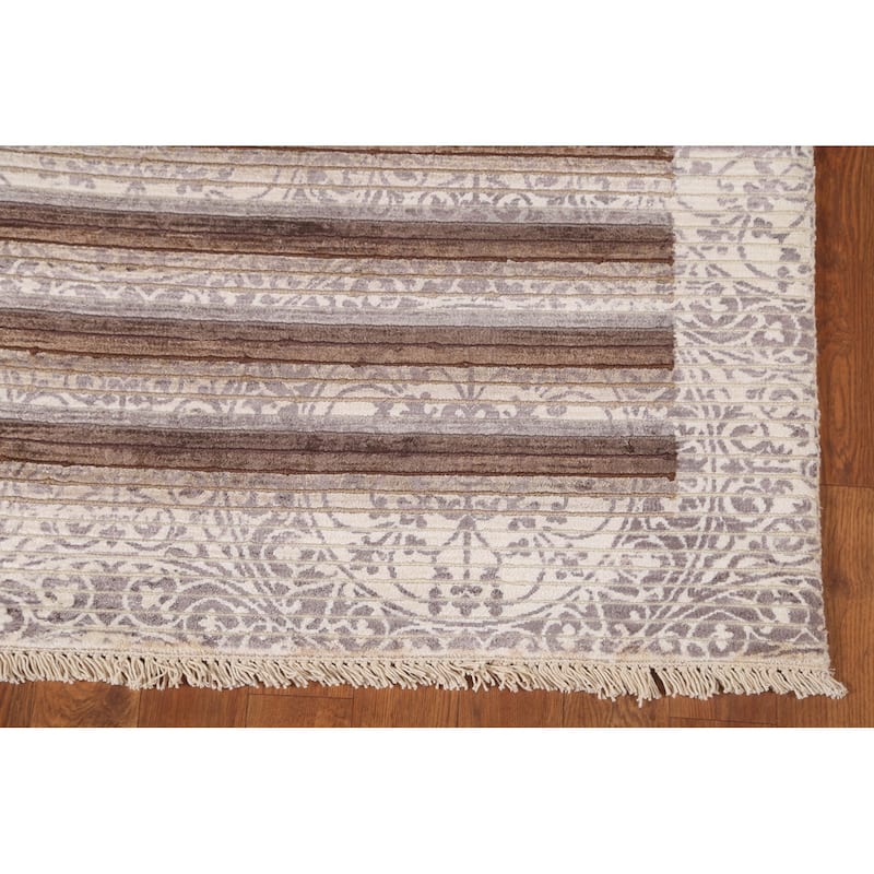 Beige Striped Abstract Accent Rug Handmade Oriental Wool Carpet - 2'9"x 5'0"