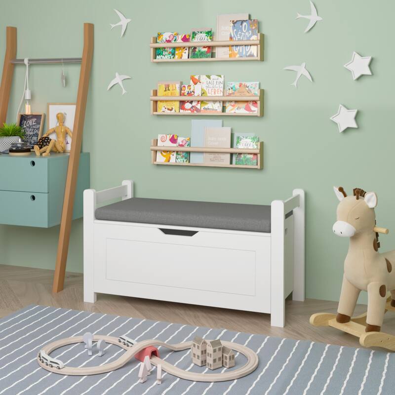 White Toy Box with Cushion Seat, Large Storage Chest for Kids Nursery Playroom, Books and Toys - 35'' W x 15'' D x 19.3'' H