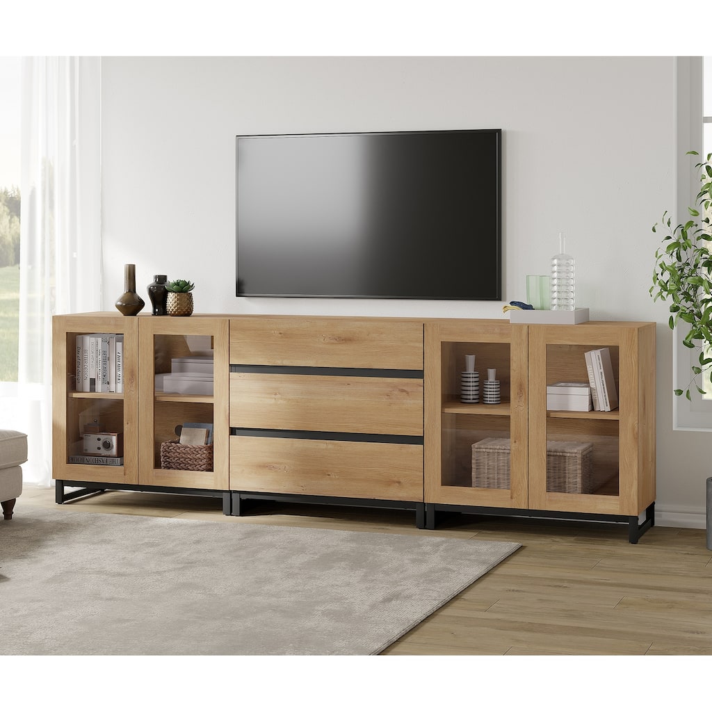 3 In 1 TV Stand for Tvs Up To 100 Inch, Modern Entertainment Center with Glass Doors and Drawer for Living Room