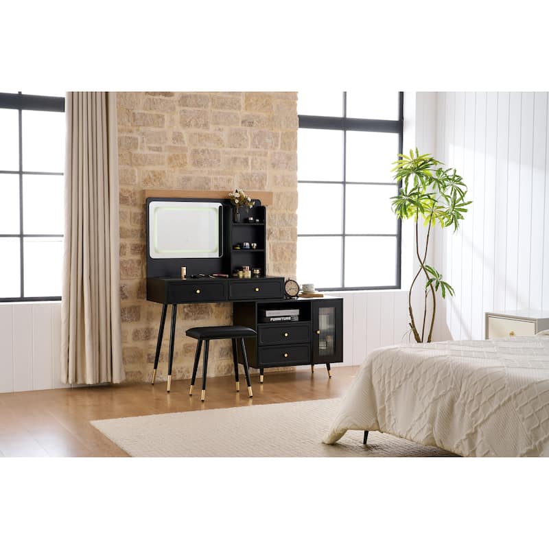 Modern Makeup Vanity Desk with Mirror and Lights, Retractable Dressing Table with Drawers and Cabinet