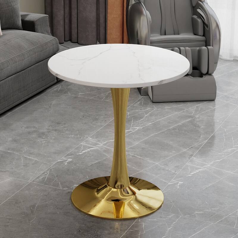 27.6-Inch Mid-Century Modern Style Dining Table, Accommodates 2-4 People, Featuring A Round White-Veined Marble Tabletop - Golden White