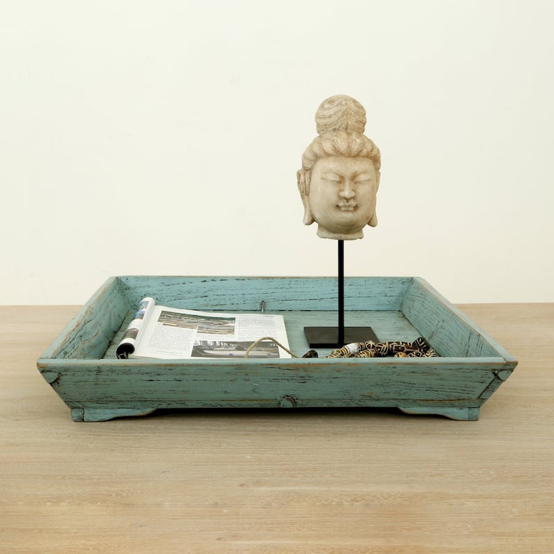 Artissance 28" Reclaimed Wood Tray With Weathered Soft Aqua Wash