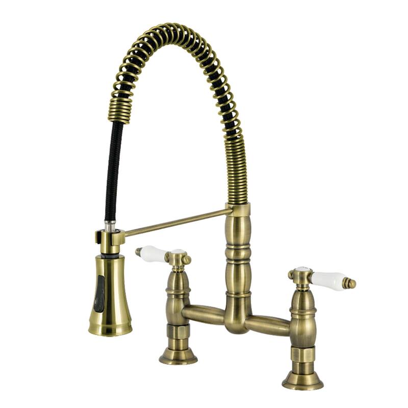 Kingston Brass Essex Double-Handle Wall-Mount Pre-Rinse Bridge Kitchen Faucet - Antique Brass