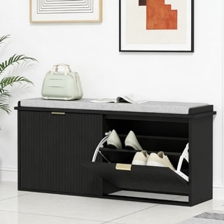 39.4" Entryway Storage Bench With Sliding Doors & Cushion - Shoe Bench With Hooks, Cream White - View #4