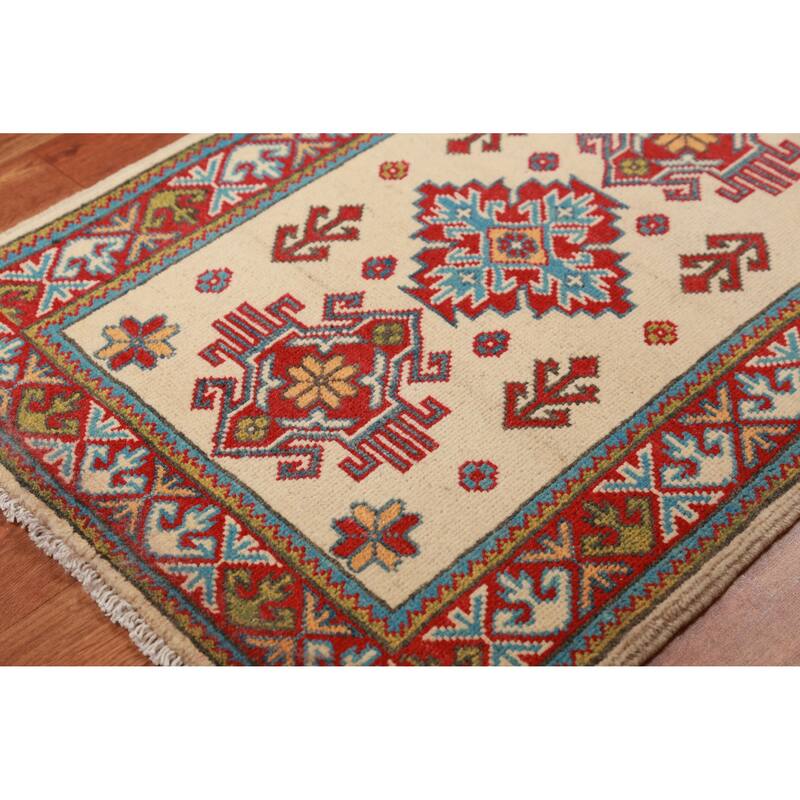 Geometric Kazak Oriental Rug Handmade Beige Wool Carpet - 2'0"x 3'0"