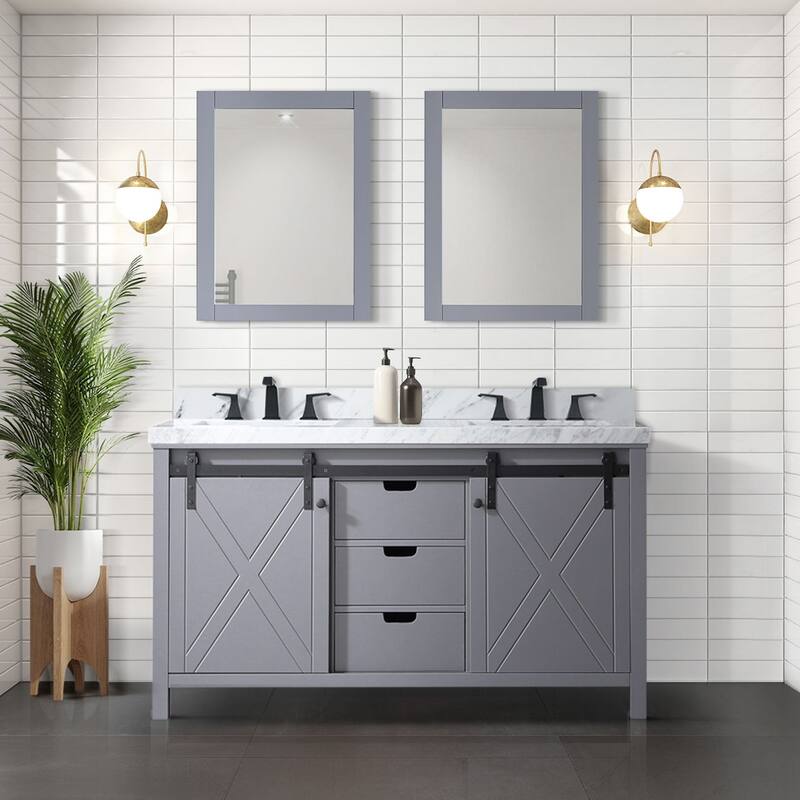 Marsyas 60 in W x 22 in D White Double Bath Vanity, Grey Quartz Countertop and 24 in Mirrors