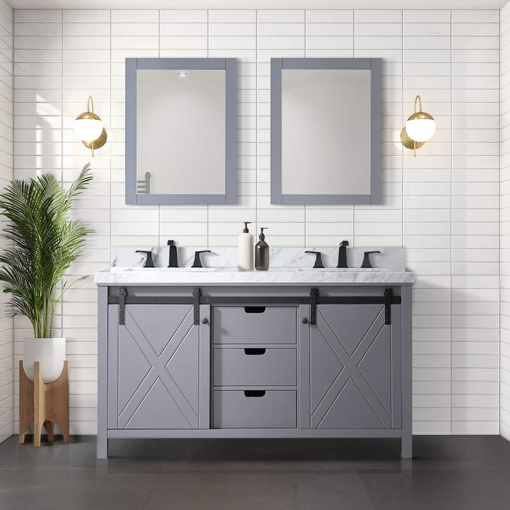 Marsyas 80 in W x 22 in D Dark Grey Double Bath Vanity, Carrara Marble Countertop and 30 in Mirrors