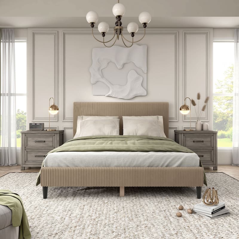 Furniture of America Modern Corduroy Queen Size Platform Bed, No Box Spring Needed - Brown (Bed & Fabric Set)