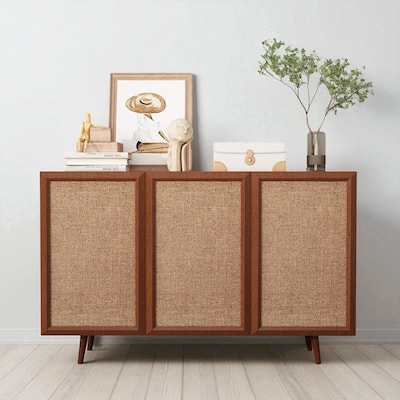 Farmhouse Rattan Buffet Cabinet with Adjustable Shelves and Wood Doors - Entryway Storage Sideboard Console