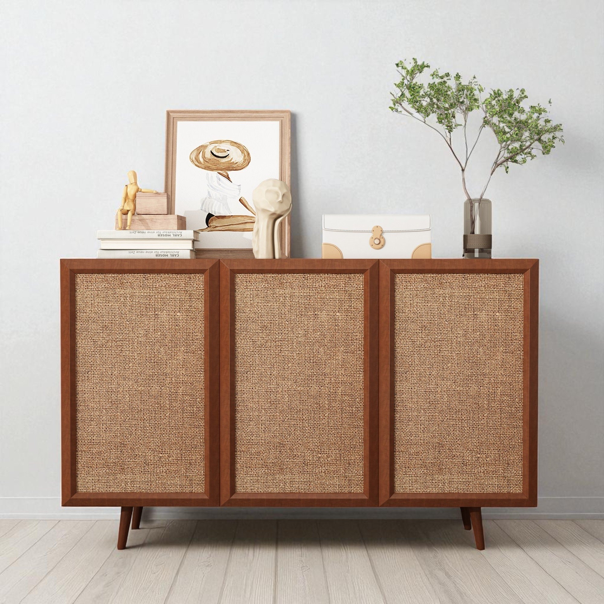Farmhouse Rattan Buffet Cabinet with Adjustable Shelves and Wood Doors - Entryway Storage Sideboard Console