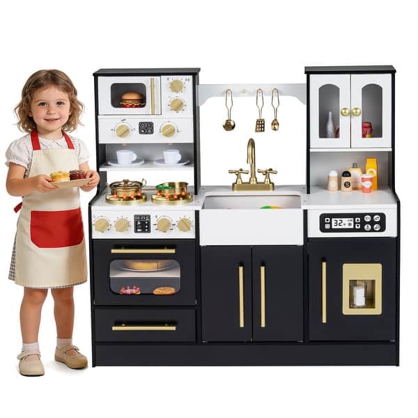 slide 2 of 20, Gymax Wooden Kitchen Playset w/Realistic Lights & Sounds Stoves Sink Black
