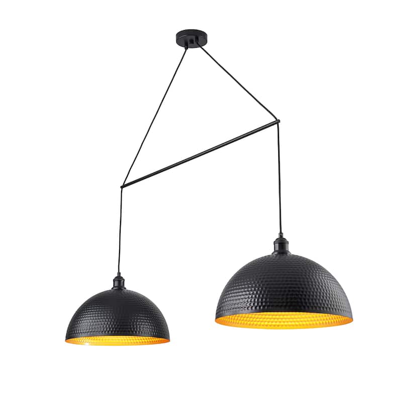 2-Light Modern Industrial Matte Black Linear Dome Hammered Large Pendant Light for Kitchen Island - 54.3 in. W x 11.4 in. H