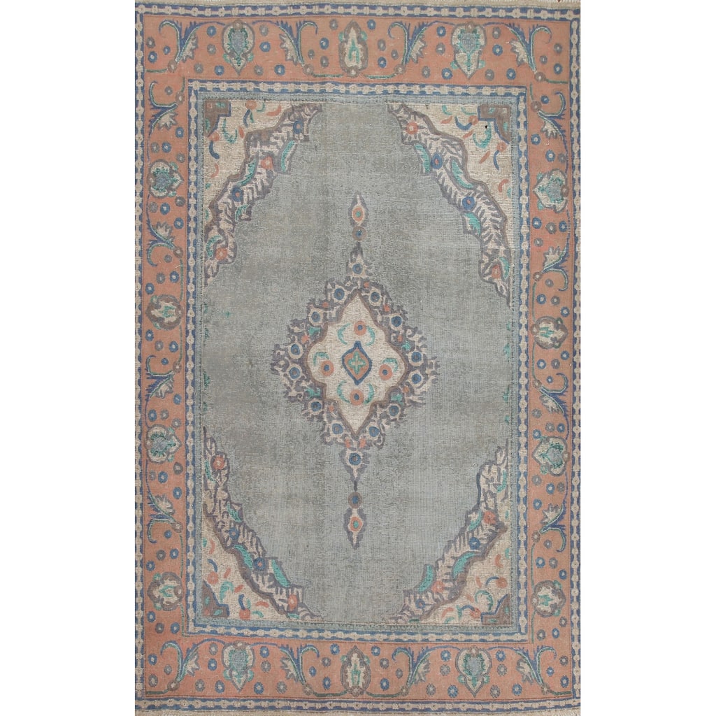 Hand Knotted Oriental 100% Wool Carpet Traditional Medallion Greys & Charcoal Tabriz Area Rug - 9' 6'' X 6' 9''