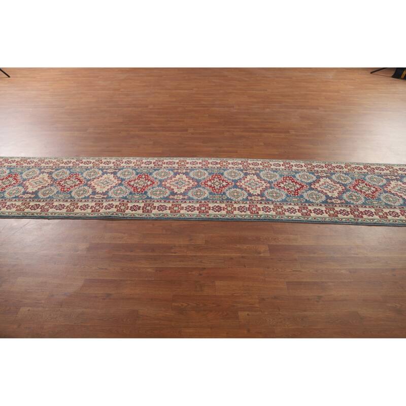 Geometric Kazak Runner Rug Hand-Knotted Blue Wool Carpet - 2'6" x 12'8"