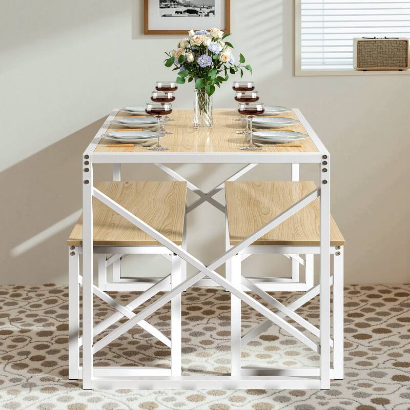 44.3" Dining Table with Benches Kitchen Table set for 4 Rectangular Dining Room Table Set with 2 Metal Wood Benches