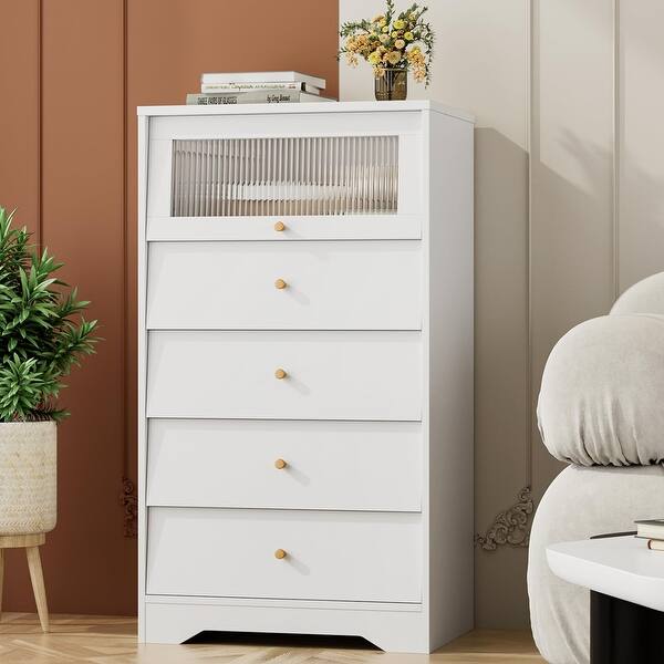 White Dresser, Tall Dresser 5 Drawer Dresser for Bedroom, White and Gold Dresser with Fluted Glass Door, Modern Dresser - Bed Bath & Beyond - 38195812 White Dresser, Tall Dresser 5 Drawer Dresser for Bedroom, White and Gold Dresser with Fluted Glass Door, Modern Dresser - Bed Bath & Beyond - 38195812