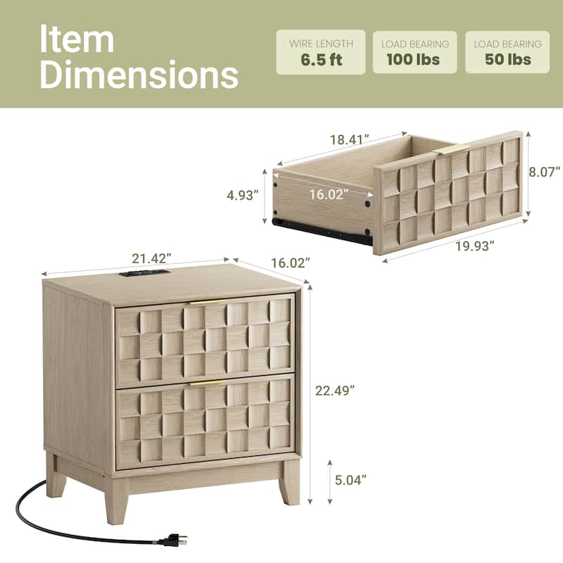 22" Modern Nightstand with Charging Station & 2 Drawers - Compact Bedroom Side Table​