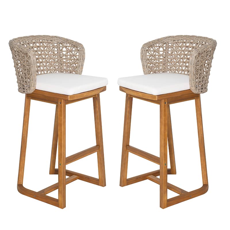 Christopher Knight Home - Dome Set of 4 Outdoor Acacia Wood Bar Stools with Wicker Back and Cushions