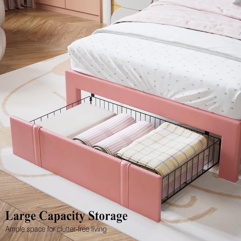 Javlergo 2-Piece Twin Bed Frame Set 39.4-45.3" Adjustable Height PU Leather Headboard with Diamond Embellishment Storage Drawer