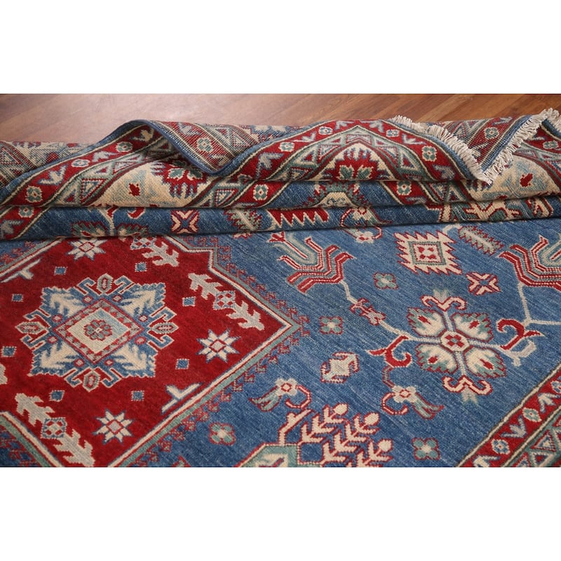 Geometric Kazak Area Rug Hand-Knotted Blue Wool Carpet - 6'7" x 9'8"