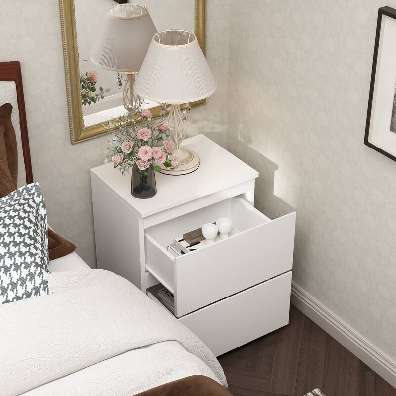 Minimalist White Bedside Table with Two Drawers, Nightstand for Bedroom or Living Room