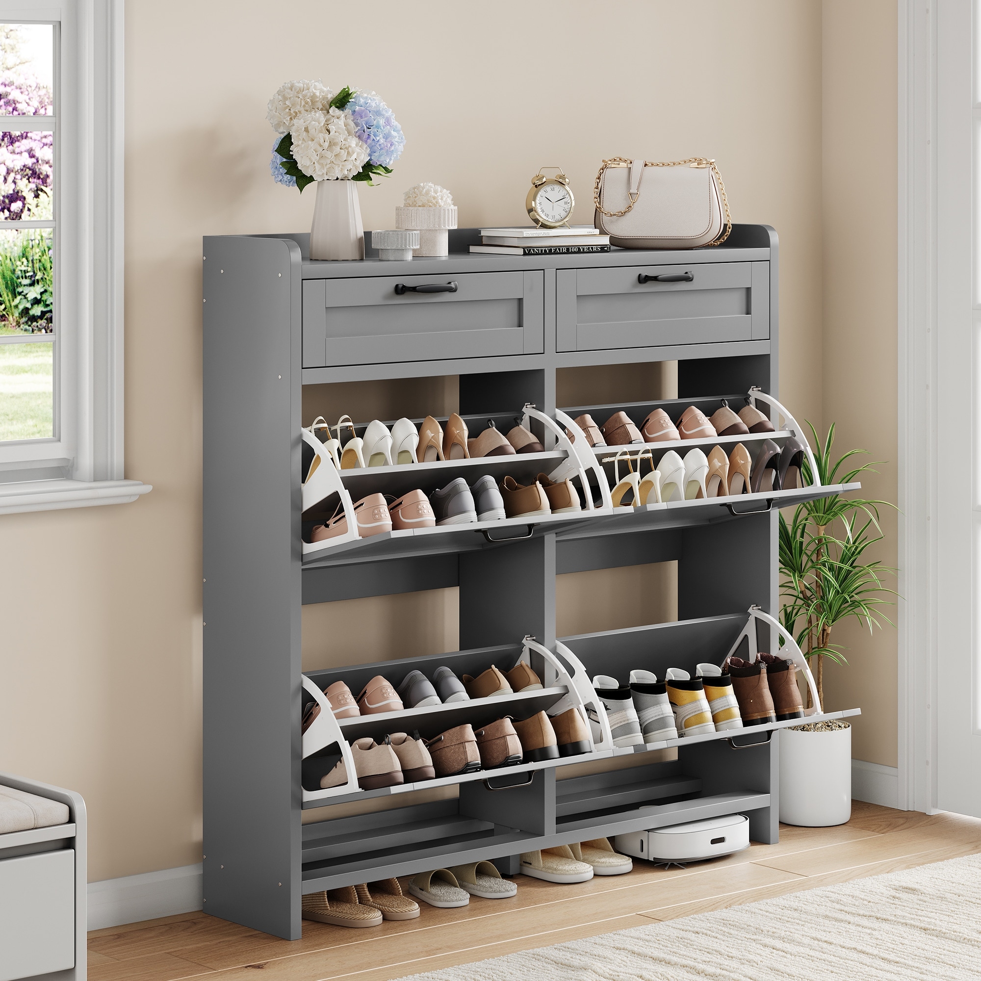 Shoe Cabinet with 4 Flip Drawers & 2 Top Drawers, Wooden Shoe Organizer Cabinet with Adjustable Shelf