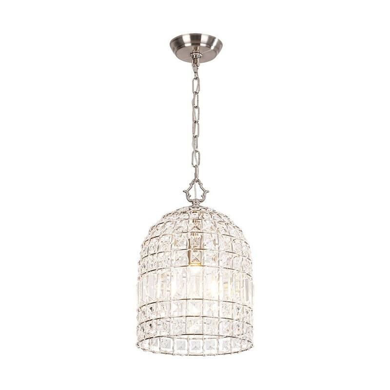 Vintage Glam Crystal Bird Cage Lantern Chandelier - Distressed Brass - Small-Nickel
