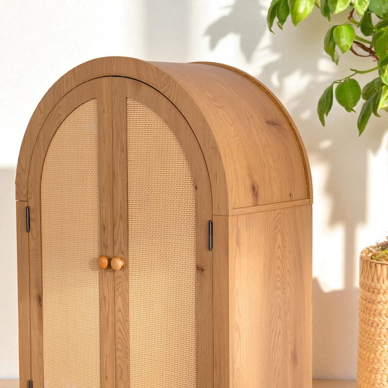 Arched Rattan Storage Cabinet with Doors and Adjustable Shelves, 63" Freestanding Pantry Cupboard.