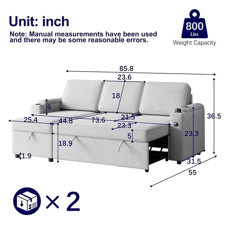 85.8" Upholstery Sleeper Sectional Sofa Pull Out Sofa Bed with Storage Space
