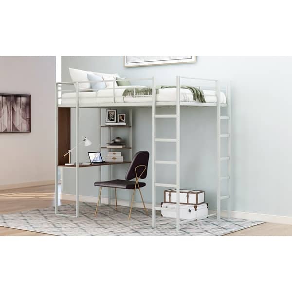 slide 2 of 20, Twin Metal Loft Bed with Shelves, Desk & Ladders - Functional