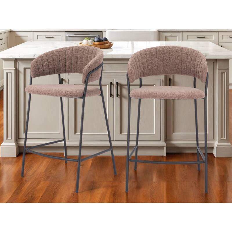 Set of Two 26" Brown and Black Shearling and Steel Low Back Counter Height Bar Chairs - Brown
