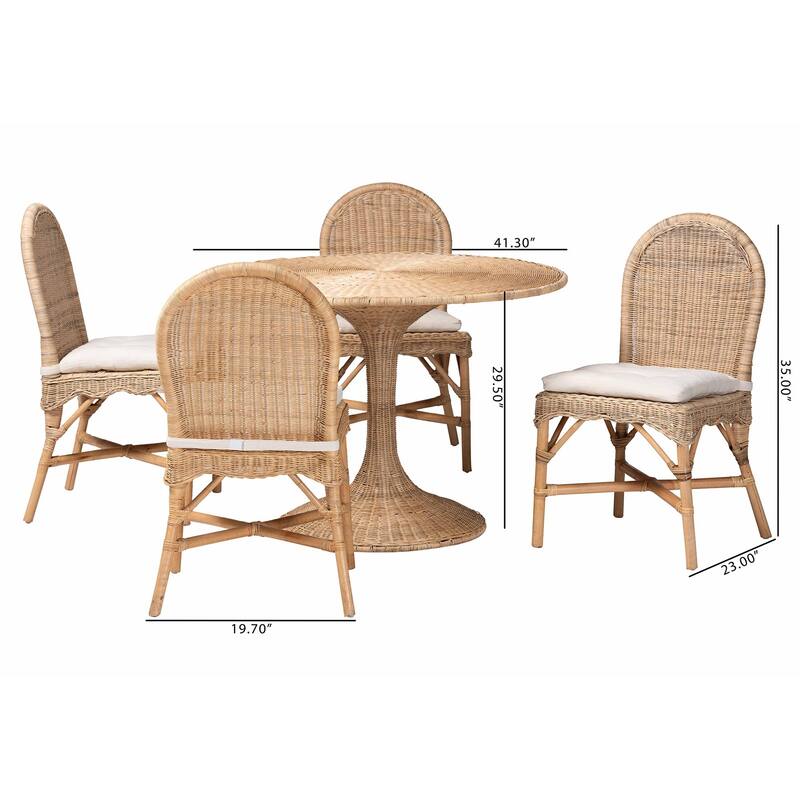 Linda 5-Piece Natural Rattan Dining Set - Handwoven Wicker Dining Furniture with Cushioned Seats, Boho Coastal Dining Room Set