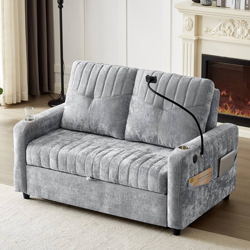 53.9" Modern Loveseat Pull-Out Sofa Bed With Adjustable Backrest